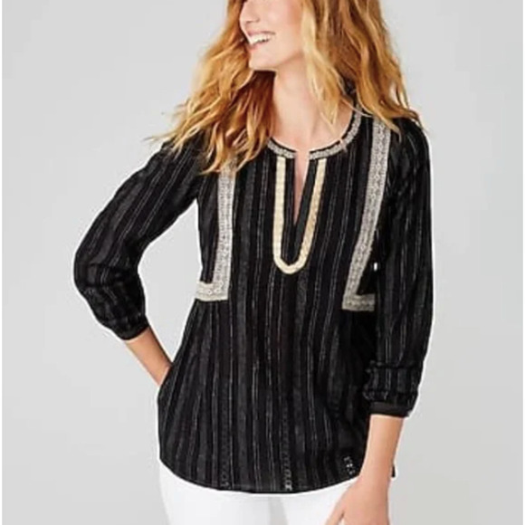 J. Jill Tops - J Jill Embellished Crinkled Peasant Top Size XL Black Striped Boho V-Neck Flowy